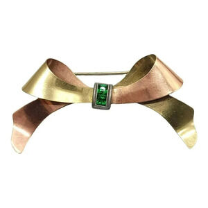 Lorraine Gold Filled Green Rhinestone Large Bow Vintage Brooch
